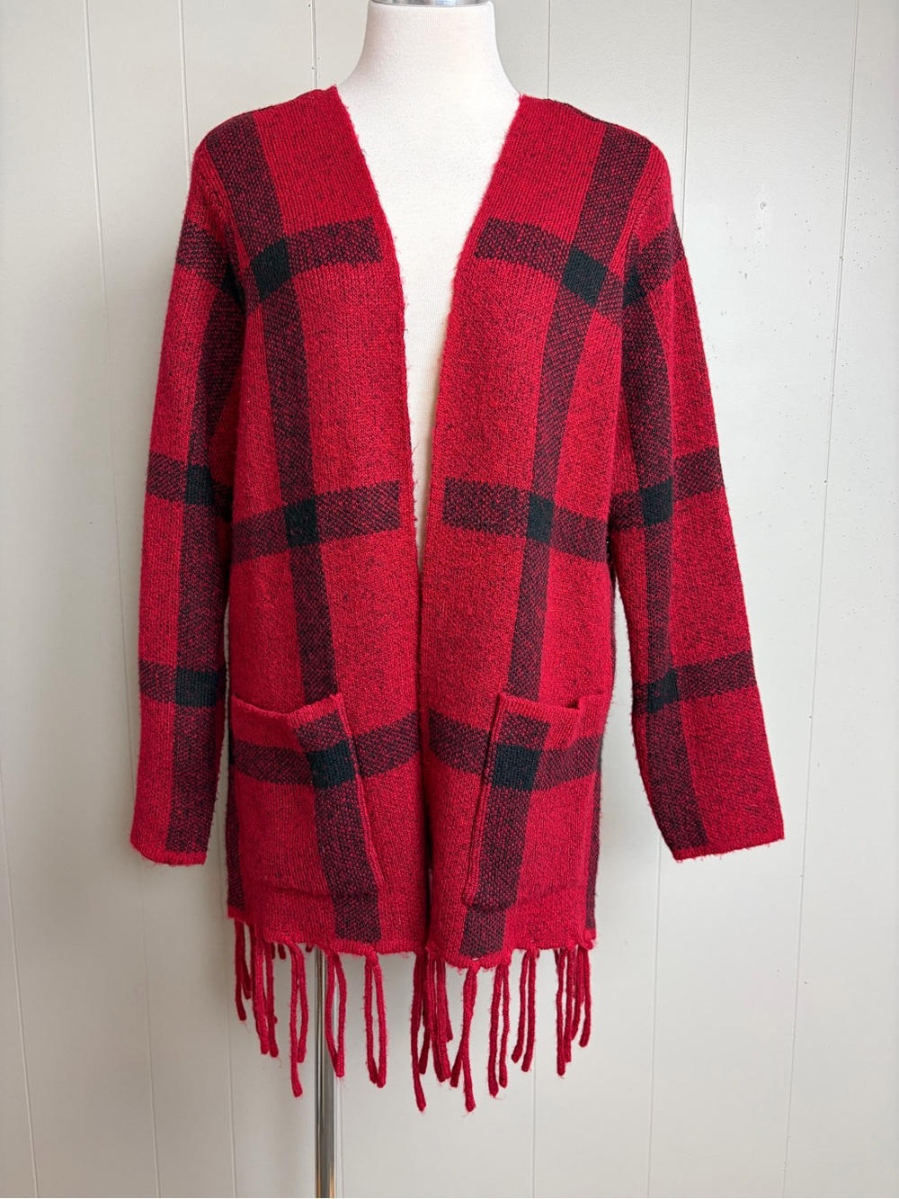 Adrienne Vittadini Red Black Plaid Fringe Cardigan Sweater L